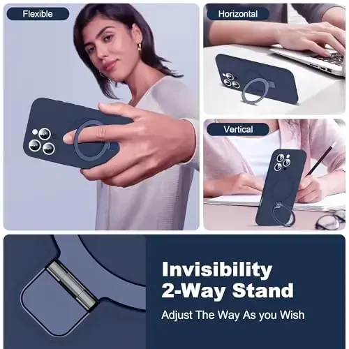 SKYLMW Designed for iPhone 16 Pro Case with Magnetic Invisible Stand Compatible with Mag-Safe Military Drop Tested Shockproof Silicone Phone Cases for Women Men 6.3'', Dark Blue - 2