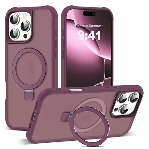 SKYLMW iPhone 16 Pro Max bilan mos keladigan, ko'rinmas magnit O-Ring stendli, harbiy darajadagi yarim shaffof g'ilof iPhone 16 ProMax 6.9