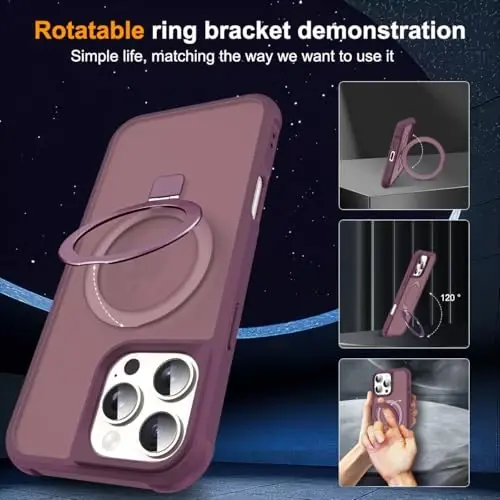 SKYLMW iPhone 16 Pro Max bilan mos keladigan, ko'rinmas magnit O-Ring stendli, harbiy darajadagi yarim shaffof g'ilof iPhone 16 ProMax 6.9
