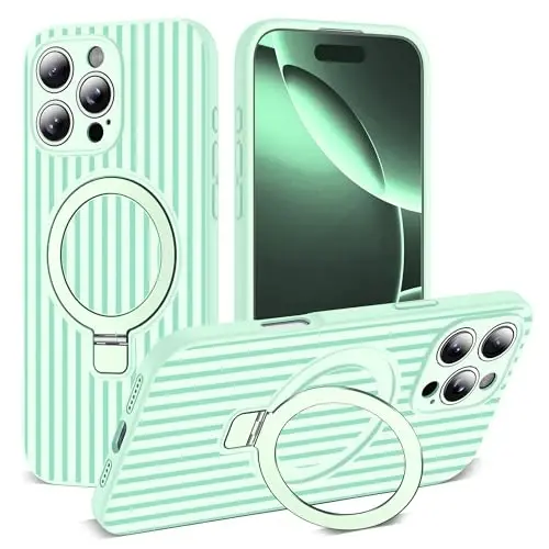 SKYLMW Compatible with iPhone 16 Pro Max Case with Magnetic Invisible Stand[Compatible with Mag-Safe][Cute Aesthetic Striped Pattern] Silicone 16 Pro Max Case for Women Men 6.9