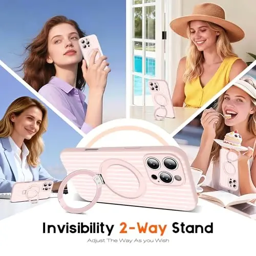 SKYLMW Compatible with iPhone 16 Pro Max Case with Magnetic Invisible Stand [Compatible with Mag-Safe][Cute Aesthetic Striped Pattern] Silicone 16 Pro Max Phone Case for Women Men 6.9