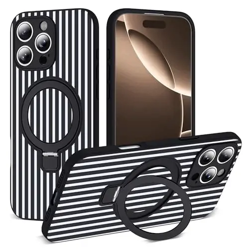 SKYLMW Compatible with iPhone 16 Pro Max Case with Magnetic Invisible Stand [Compatible with Mag-Safe][Cute Aesthetic Striped Pattern] Silicone 16 Pro Max Phone Case for Women Men 6.9