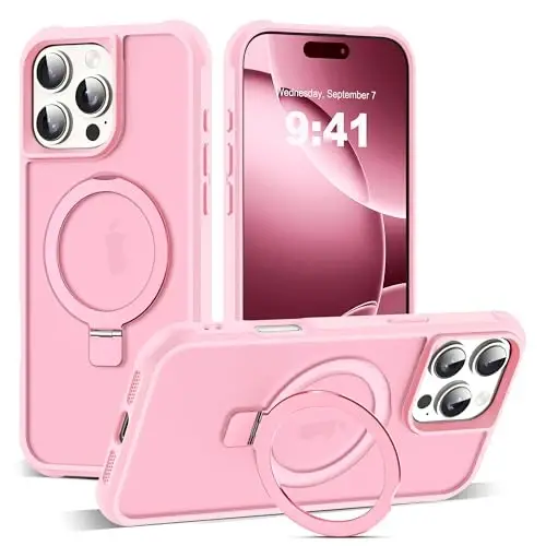 SKYLMW iPhone 16 Pro Max uchun g'ilof, ko'rinmas magnit O-Ring stend bilan, harbiy darajadagi yarim shaffof g'ilof iPhone 16 ProMax 6.9