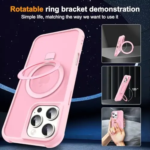 SKYLMW iPhone 16 Pro Max uchun g'ilof, ko'rinmas magnit O-Ring stend bilan, harbiy darajadagi yarim shaffof g'ilof iPhone 16 ProMax 6.9