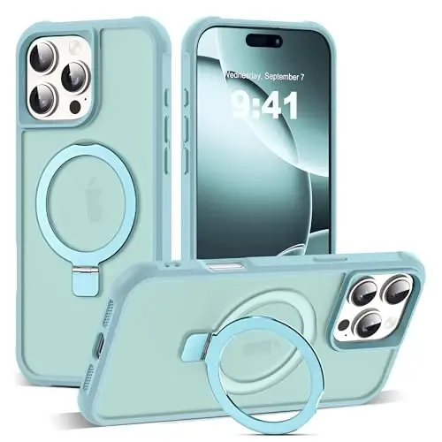 SKYLMW iPhone 16 Pro Max uchun g'ilof, ko'rinmas magnit O-Ring stend bilan, harbiy standartdagi yarim shaffof g'ilof iPhone 16 ProMax 6.9