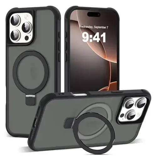 SKYLMW iPhone 16 Pro Max uchun g'ilof, ko'rinmas magnit O-ring stendli, harbiy standartdagi yarim shaffof g'ilof iPhone 16 ProMax 6.9