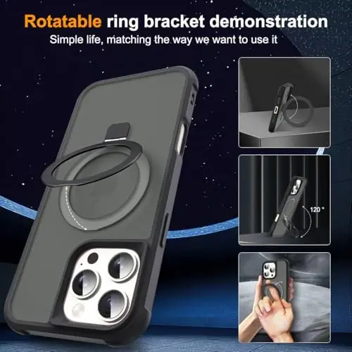 SKYLMW iPhone 16 Pro Max uchun g'ilof, ko'rinmas magnit O-ring stendli, harbiy standartdagi yarim shaffof g'ilof iPhone 16 ProMax 6.9