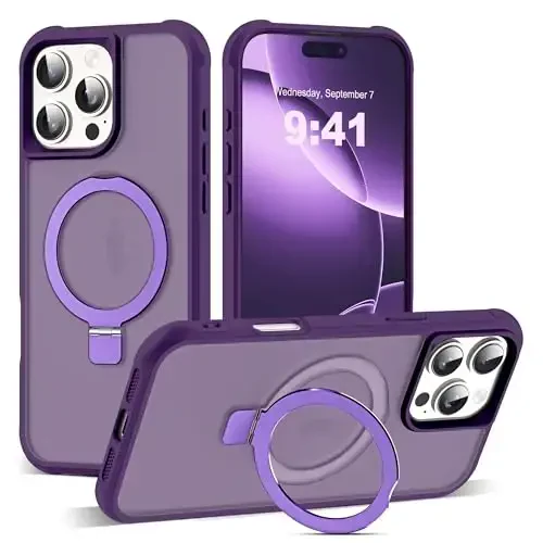 SKYLMW iPhone 16 Pro Max uchun ko'rinmas magnit O-Ring stendiga ega harbiy darajadagi yarim shaffof g'ilof, iPhone 16 ProMax 6.9