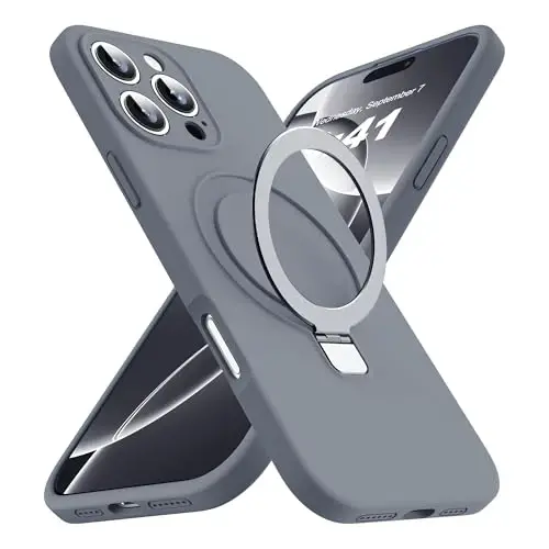 SKYLMW iPhone 16 Pro Max uchun magnitli ko'rinmas stendga ega, Mag-Safe bilan mos keluvchi, harbiy darajada tushishga chidamli, zarbaga bardoshli silikon telefon qutilari ayollar va erkaklar uchun 6.9'', kulrang 