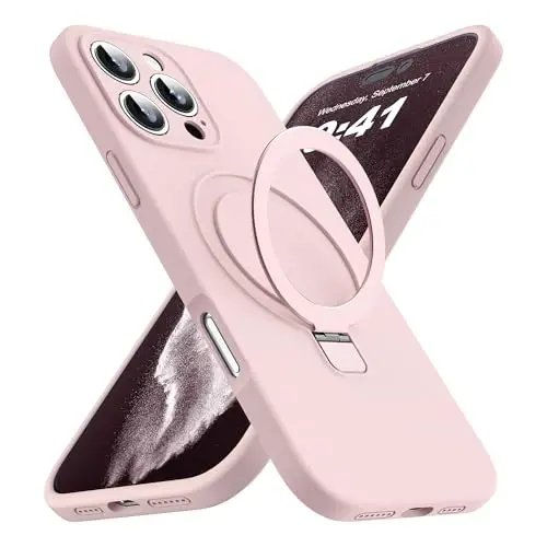 SKYLMW iPhone 16 Pro Max uchun mo'ljallangan g'ilof, magnitli ko'rinmas stendli, Mag-Safe bilan mos, harbiy darajadagi zarbalarga chidamli silikon korpus, ayollar va erkaklar uchun 6.9'', Pushti 251105 