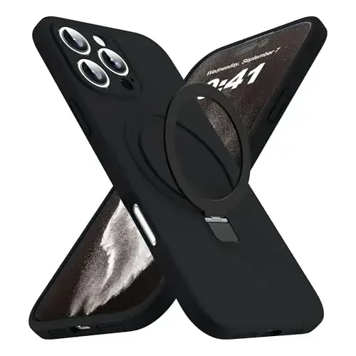 SKYLMW iPhone 16 Pro Max uchun mo'ljallangan, magnitli ko'rinmas stendga ega, Mag-Safe bilan mos, harbiy standartlarda sinovdan o'tgan zarbga chidamli silikon iPhone 16 Pro Max telefon qoplari ayollar va erkaklar uchun 6.8'', qora - 1