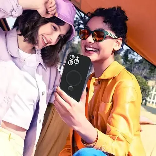 SKYLMW iPhone 16 Pro Max uchun mo'ljallangan, magnitli ko'rinmas stendga ega, Mag-Safe bilan mos, harbiy standartlarda sinovdan o'tgan zarbga chidamli silikon iPhone 16 Pro Max telefon qoplari ayollar va erkaklar uchun 6.8'', qora - 6