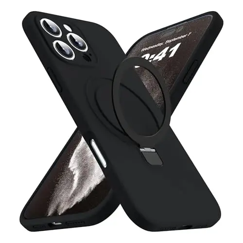 SKYLMW iPhone 16 Pro Max uchun mo'ljallangan, magnitli ko'rinmas stendga ega, Mag-Safe bilan mos, harbiy standartlarda sinovdan o'tgan zarbga chidamli silikon iPhone 16 Pro Max telefon qoplari ayollar va erkaklar uchun 6.8'', qora 