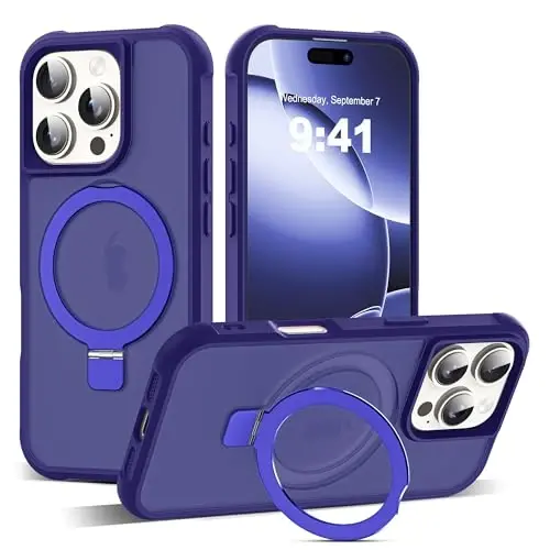SKYLMW iPhone 16 Pro uchun g'ilof, ko'rinmas magnit O-Ring stendli, harbiy standartdagi yarim shaffof g'ilof iPhone 16 Pro 6.3