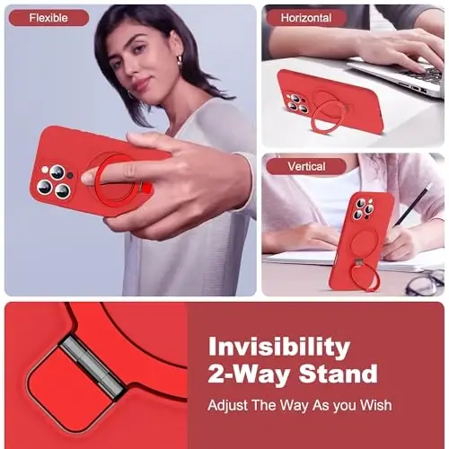 SKYLMW iPhone 16 Pro uchun magnitli ko'rinmas stendga ega g'ilof, Mag-Safe bilan mos, harbiy sinovdan o'tgan zarbaga chidamli silikon telefon g'iloflari ayollar va erkaklar uchun 6,3'', Qizil - 2