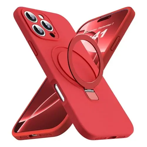SKYLMW iPhone 16 Pro uchun magnitli ko'rinmas stendga ega g'ilof, Mag-Safe bilan mos, harbiy sinovdan o'tgan zarbaga chidamli silikon telefon g'iloflari ayollar va erkaklar uchun 6,3'', Qizil - 1