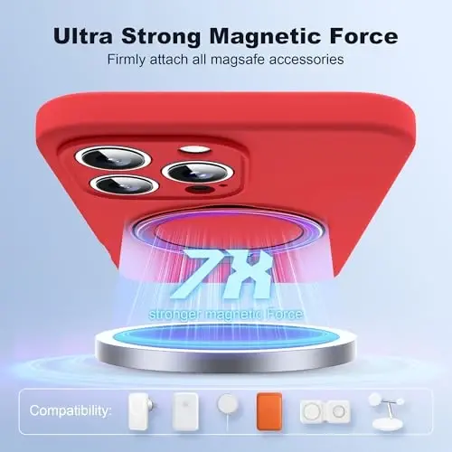 SKYLMW iPhone 16 Pro uchun magnitli ko'rinmas stendga ega g'ilof, Mag-Safe bilan mos, harbiy sinovdan o'tgan zarbaga chidamli silikon telefon g'iloflari ayollar va erkaklar uchun 6,3'', Qizil - 3