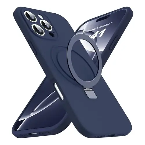 SKYLMW iPhone 16 Pro uchun mo'ljallangan g'ilof, magnitli ko'rinmas stend bilan, Mag-Safe bilan mos, harbiy standartlarga muvofiq tushishga sinovdan o'tgan zarbga chidamli silikon telefon g'iloflari ayollar va erkaklar uchun 6.3'', to'q ko'k - 1