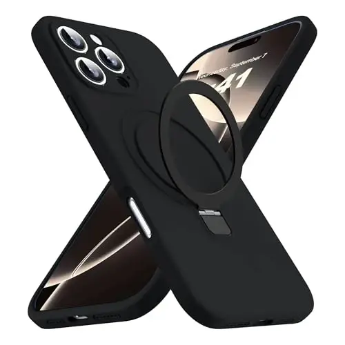 SKYLMW iPhone 16 Pro uchun mo'ljallangan g'ilof, magnitli ko'rinmas stendga ega, Mag-Safe bilan mos, harbiy standartlarda tushishga chidamli, zarbaga bardoshli silikon telefon g'iloflari ayollar va erkaklar uchun 6,3 dyuym, qora 