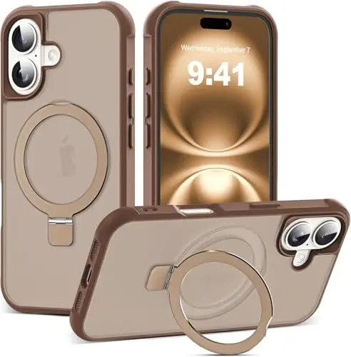 SKYLMW iPhone 16 uchun g‘ayrioddiy magnit O-Ring stendiga ega harbiy darajadagi yarim shaffof g‘ilof, iPhone 16 6.1