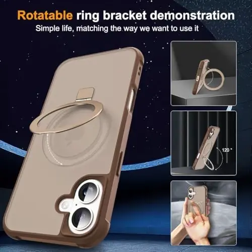 SKYLMW iPhone 16 uchun g‘ayrioddiy magnit O-Ring stendiga ega harbiy darajadagi yarim shaffof g‘ilof, iPhone 16 6.1