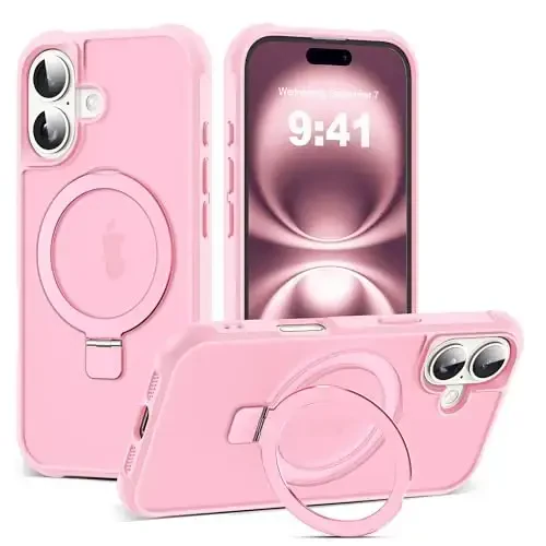 SKYLMW iPhone 16 uchun g'ilof, ko'rinmas magnit O-Ring stend bilan, harbiy standartdagi yarim shaffof g'ilof iPhone 16 6.1