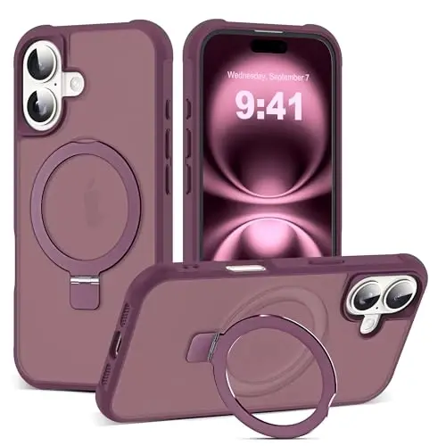 SKYLMW iPhone 16 uchun g'ilof, ko'rinmas magnit O-Ring stendli, harbiy darajadagi yarim shaffof g'ilof iPhone 16 6.1