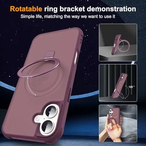 SKYLMW iPhone 16 uchun g'ilof, ko'rinmas magnit O-Ring stendli, harbiy darajadagi yarim shaffof g'ilof iPhone 16 6.1