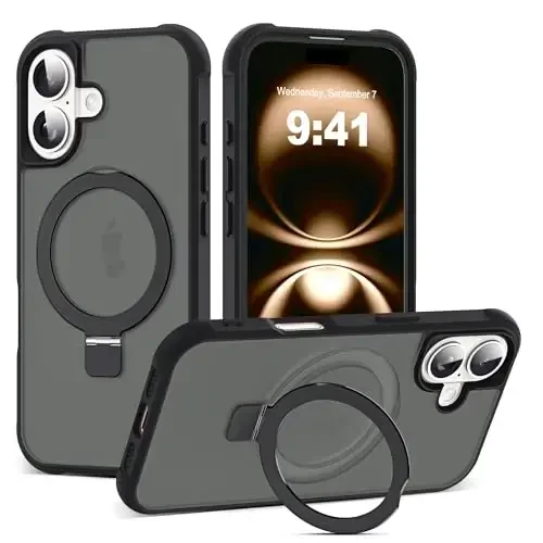 SKYLMW iPhone 16 uchun g'ilof, ko'rinmas magnit O-Ring stendli, harbiy darajadagi yarim shaffof g'ilof iPhone 16 6.1