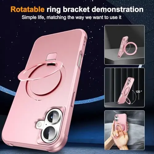 SKYLMW iPhone 16 uchun g'ilof, ko'rinmas magnit O-Ring stendli, harbiy standartdagi iPhone 16 6.1