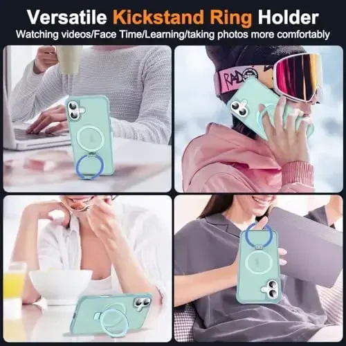 SKYLMW iPhone 16 uchun g'ilof, ko'rinmas magnit O-Ring stendli, harbiy standartdagi yarim shaffof g'ilof iPhone 16 6.1