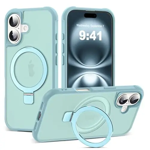SKYLMW iPhone 16 uchun g'ilof, ko'rinmas magnit O-Ring stendli, harbiy standartdagi yarim shaffof g'ilof iPhone 16 6.1