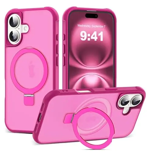 SKYLMW iPhone 16 uchun g'ilof, ko'rinmas magnit O-Ring stendli, harbiy standartdagi yarim shaffof g'ilof iPhone 16 6.1