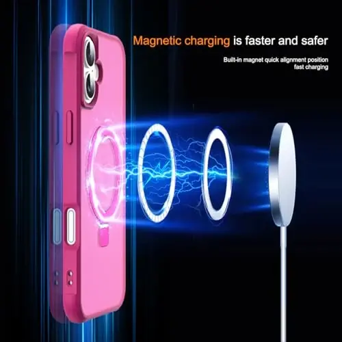 SKYLMW iPhone 16 uchun g'ilof, ko'rinmas magnit O-Ring stendli, harbiy standartdagi yarim shaffof g'ilof iPhone 16 6.1
