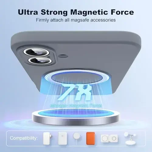 SKYLMW iPhone 16 uchun g‘ilof, magnitli ko‘rinmas stendga ega, Mag-Safe bilan mos, harbiy darajada tushishga chidamli, zarbaga bardoshli silikon telefon g‘iloflari ayollar va erkaklar uchun 6.1'', kulrang - 3