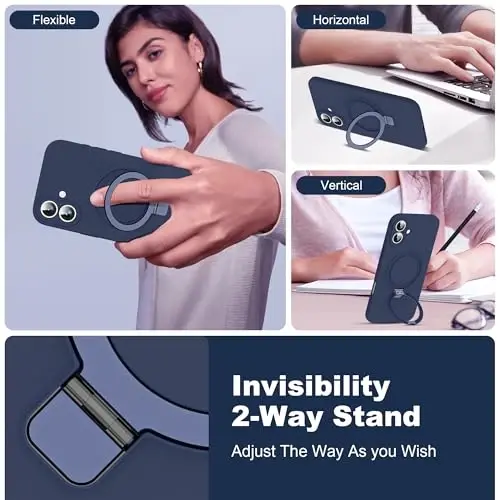 SKYLMW iPhone 16 uchun mo'ljallangan g'ilof, magnitli ko'rinmas stend bilan, Mag-Safe bilan mos, harbiy sinovdan o'tgan zarbaga chidamli silikon telefon g'iloflari ayollar va erkaklar uchun 6.1'', to'q ko'k - SKYLMW (1)