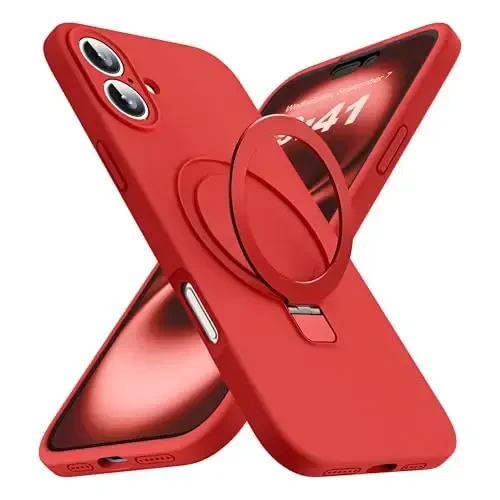 SKYLMW iPhone 16 uchun mo'ljallangan g'ilof, magnitli ko'rinmas stend bilan, Mag-Safe bilan mos, harbiy standartlarda tushishga chidamli zarbga bardoshli silikon telefon g'iloflari ayollar va erkaklar uchun 6.1'', Qizil - 1