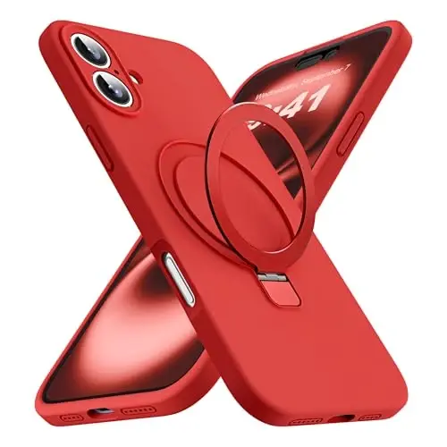SKYLMW iPhone 16 uchun mo'ljallangan g'ilof, magnitli ko'rinmas stend bilan, Mag-Safe bilan mos, harbiy standartlarda tushishga chidamli zarbga bardoshli silikon telefon g'iloflari ayollar va erkaklar uchun 6.1'', Qizil - SKYLMW