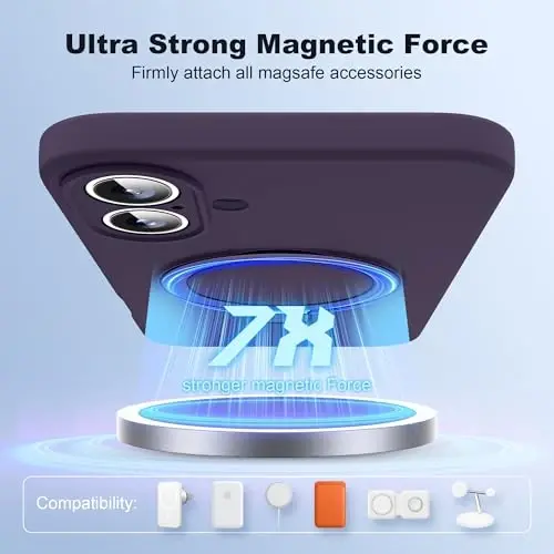 SKYLMW iPhone 16 uchun mo'ljallangan g'ilof, magnitli ko'rinmas stend bilan, Mag-Safe bilan mos, harbiy tomchiga bardoshli zarbaga chidamli silikon telefon g'iloflari ayollar va erkaklar uchun 6.1'', Binafsha - 3