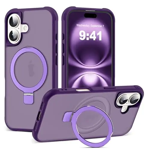SKYLMW iPhone 16 uchun mos keladigan, ko'rinmas magnit O-Ring stendli harbiy darajadagi yarim shaffof g'ilof iPhone 16 6.1