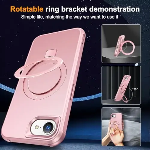 SKYLMW iPhone 16E bilan mos keladigan, ko'rinmas magnit O-Ring stendli, harbiy darajadagi iPhone 16E 6.1