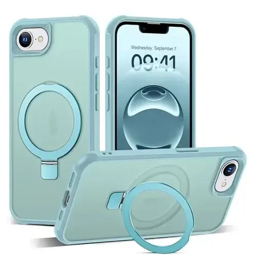 SKYLMW iPhone 16E bilan mos keluvchi, ko'rinmas magnit O-Ring stendli, harbiy darajadagi yarim shaffof g'ilof iPhone 16E 6.1