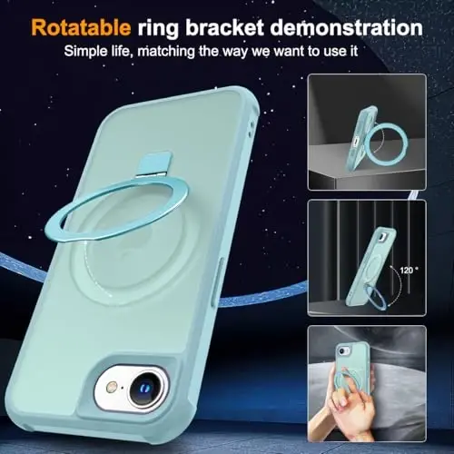 SKYLMW iPhone 16E bilan mos keluvchi, ko'rinmas magnit O-Ring stendli, harbiy darajadagi yarim shaffof g'ilof iPhone 16E 6.1