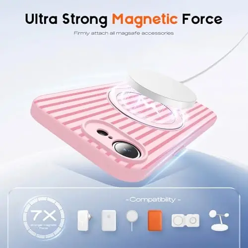 SKYLMW iPhone 16E ғилофи магнитли яширин таянч билан [Mag-Safe билан мос келади][Чиройли эстетик чизиқли нақш] Аёллар ва эркаклар учун силикон 16E телефон ғилофи 6.1”，Пушти/Олча қизил - 3