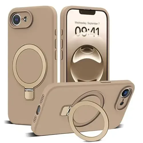 SKYLMW Designed for iPhone 16e Case with Magnetic Invisible Stand Compatible with Mag-Safe Military Drop Tested Shockproof Silicone Phone Cases for Women Men 6.1'', Brown - SKYLMW