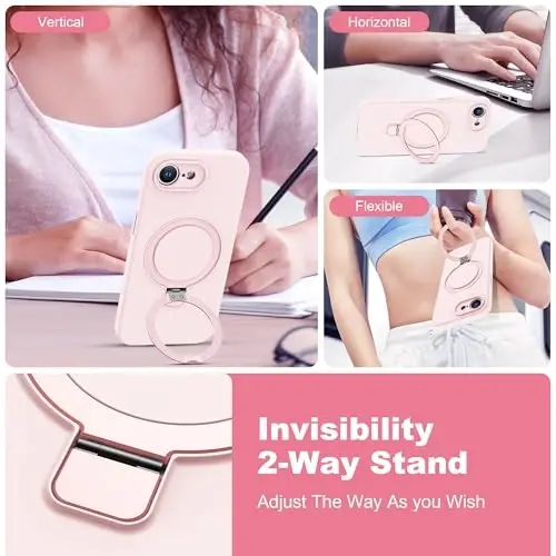 SKYLMW Designed for iPhone 16e Case with Magnetic Invisible Stand Compatible with Mag-Safe Military Drop Tested Shockproof Silicone Phone Cases for Women Men 6.1'', Pink - 2