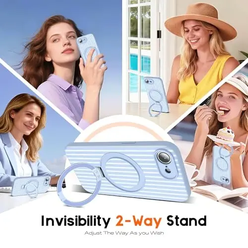 SKYLMW Compatible with iPhone 16E Case with Magnetic Invisible Stand [Compatible with Mag-Safe][Cute Aesthetic Striped Pattern] Silicone 16E Phone Case for Women Men 6.1