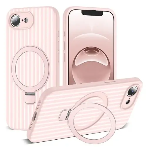 SKYLMW Compatible with iPhone 16E Case with Magnetic Invisible Stand [Compatible with Mag-Safe][Cute Aesthetic Striped Pattern] Silicone 16E Phone Case for Women Men 6.1