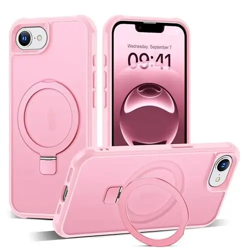 SKYLMW iPhone 16E uchun g'ilof, ko'rinmas magnit O-Ring stendli, harbiy darajadagi yarim shaffof g'ilof iPhone 16E 6.1