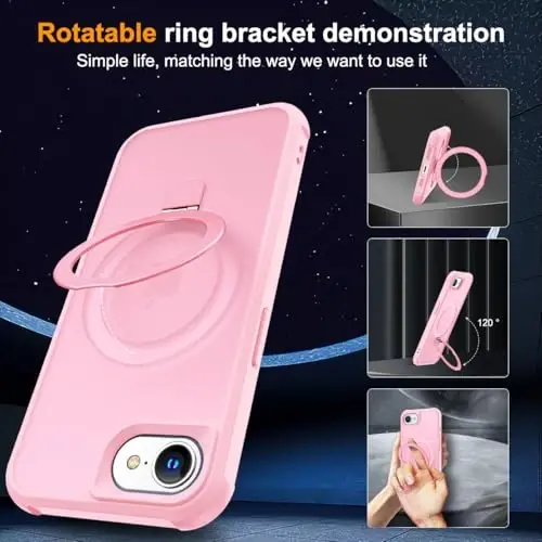 SKYLMW iPhone 16E uchun g'ilof, ko'rinmas magnit O-Ring stendli, harbiy darajadagi yarim shaffof g'ilof iPhone 16E 6.1